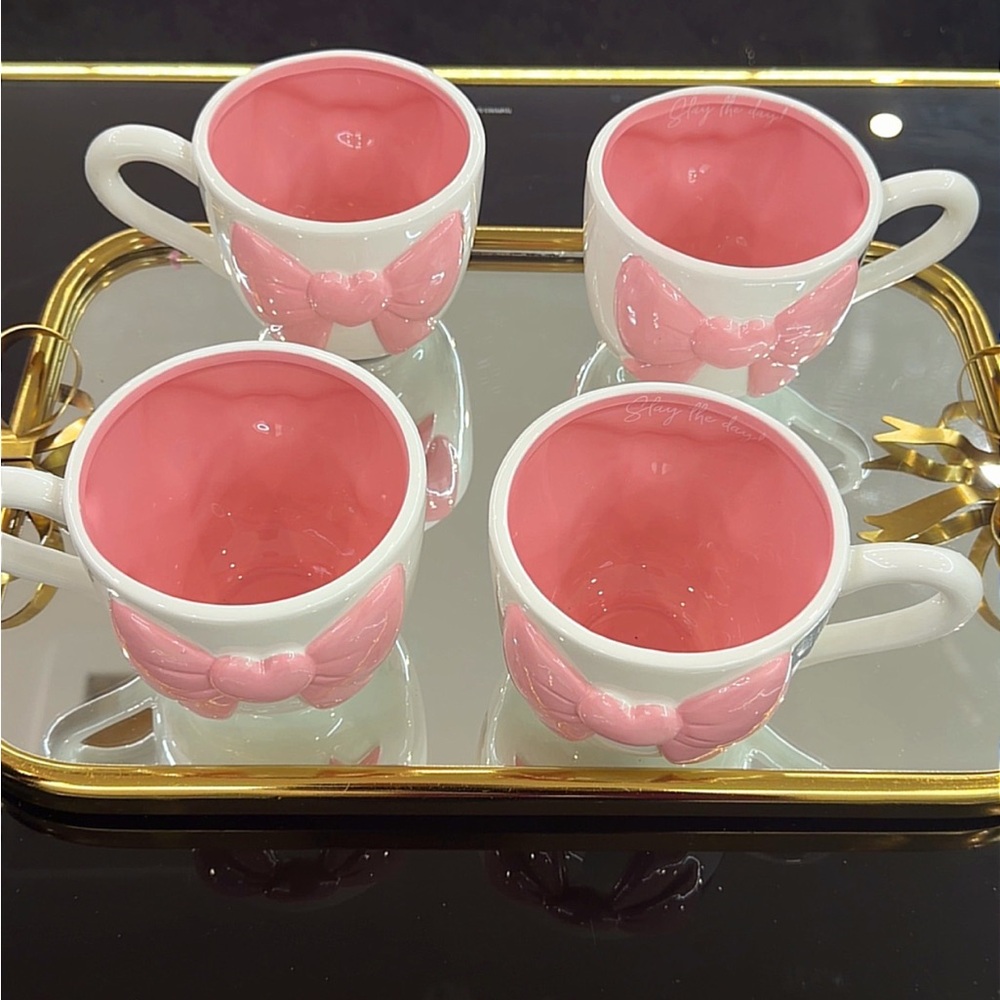 Pink Bow Ceramic Tea Mugs - Set of 4